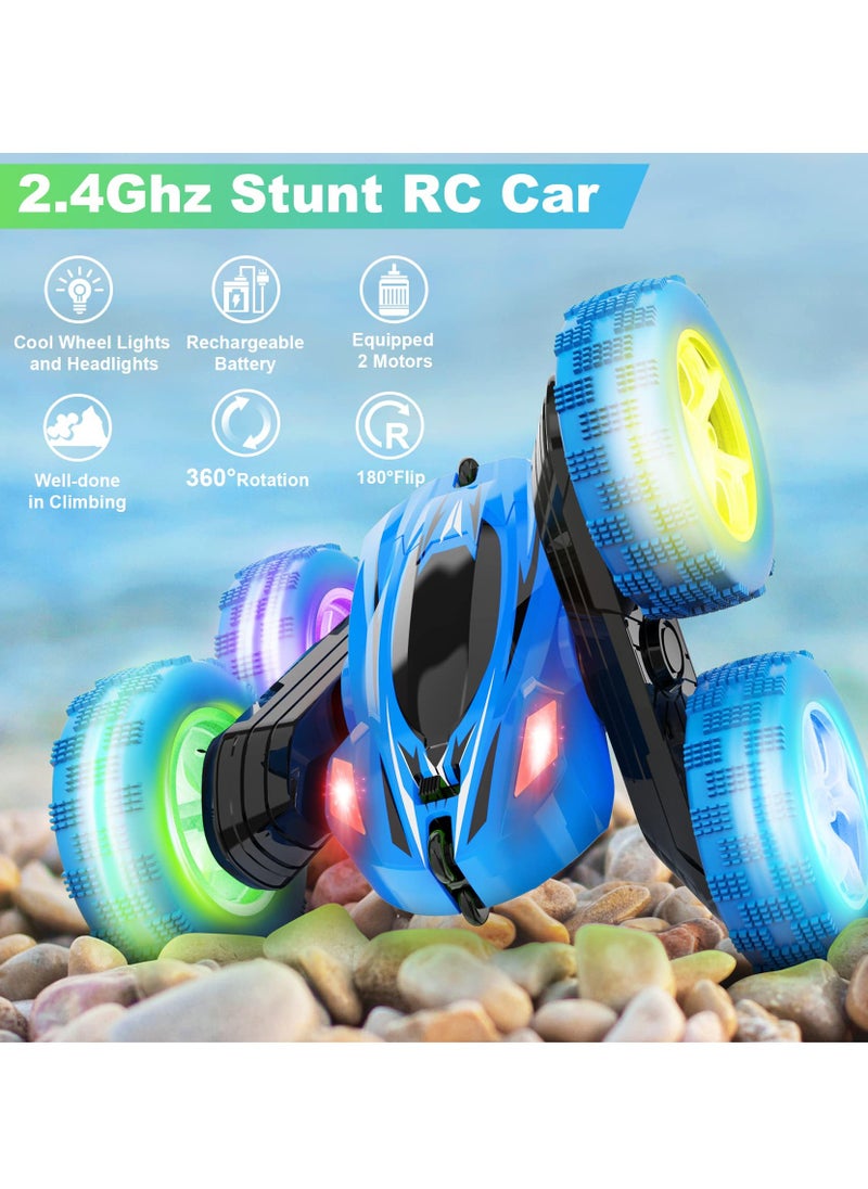 Cool Baby Remote Control Car RC Cars 2.4GHz Fast Stunt RC Car 4WD Double Sided 360° Rotating RC Trucks with Headlights Off Road RC Crawler Toy Cars for Kids Boys Girls (Blue)  - Image 2