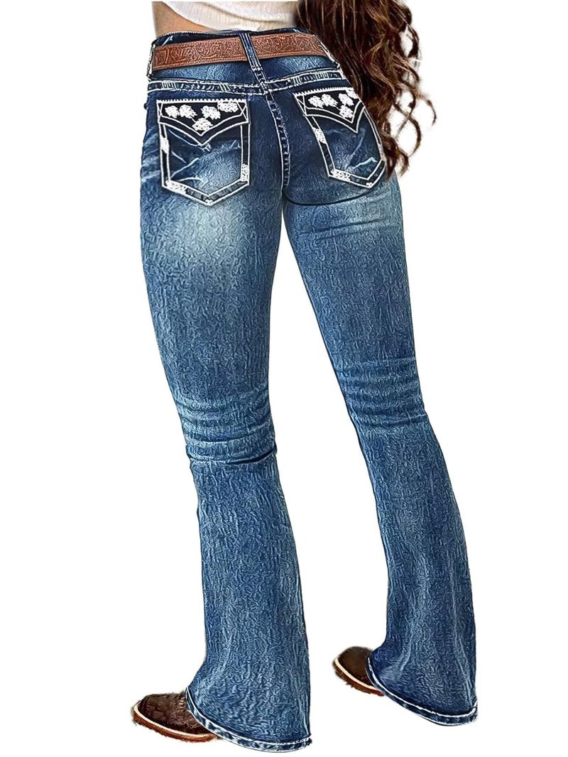 Flamingals Butt Lifting Bootcut Jeans Stretchy Casual Fall Winter Trendy Flare Leg Jeans for Women Oxford Blue L - Image 1