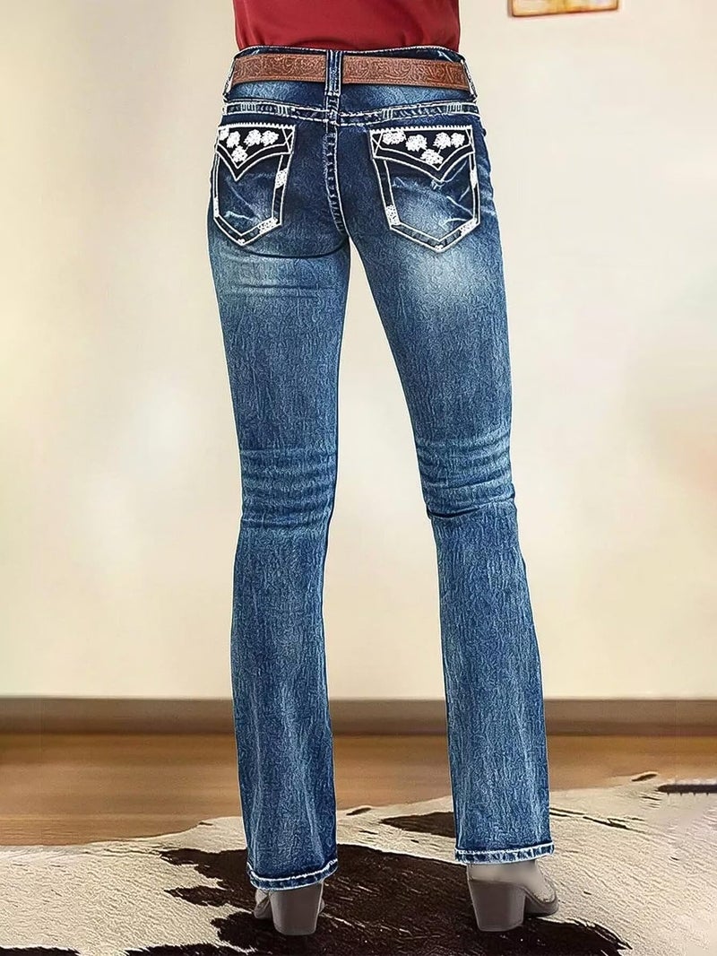 Flamingals Butt Lifting Bootcut Jeans Stretchy Casual Fall Winter Trendy Flare Leg Jeans for Women Oxford Blue L - Image 2