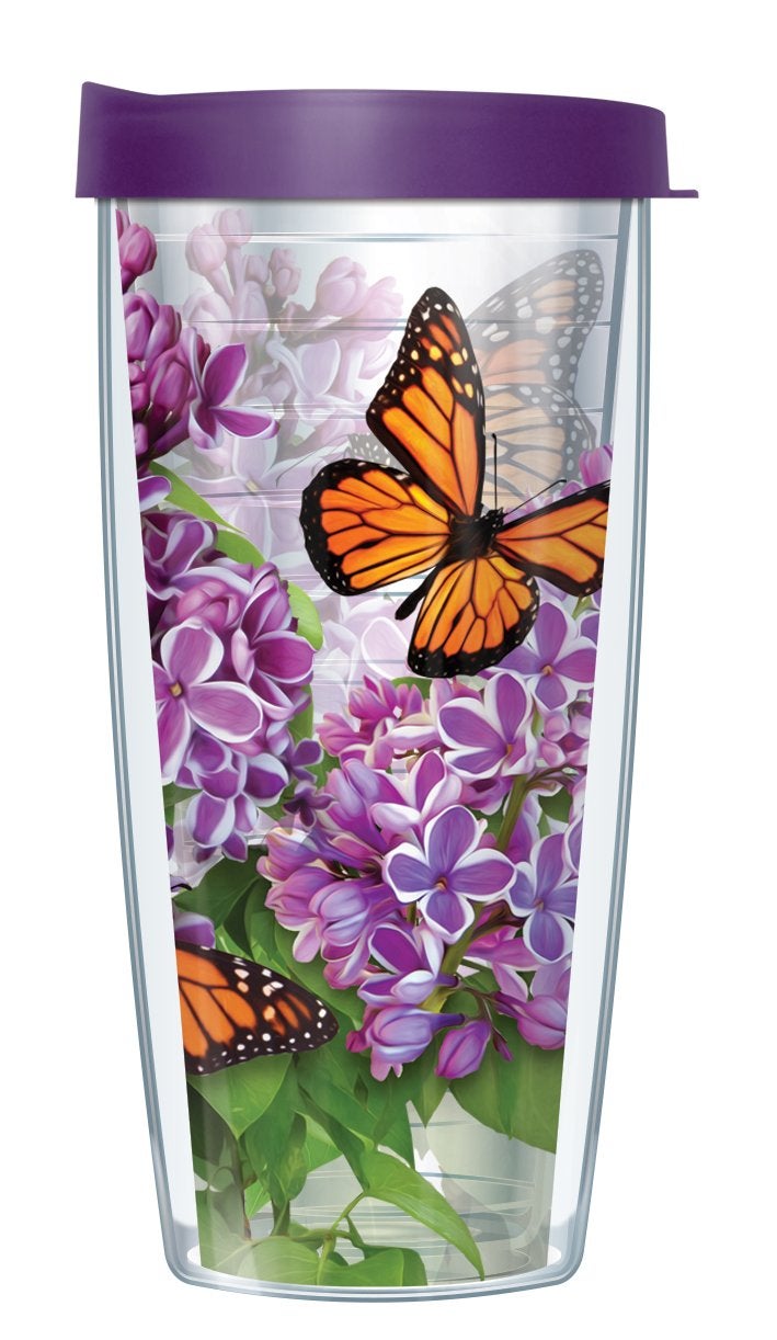 Signature Tumblers Signature Tumblers Monarch Butterflies Clear Wrap Super Traveler 22 Oz Tumbler Cup with Purple Lid