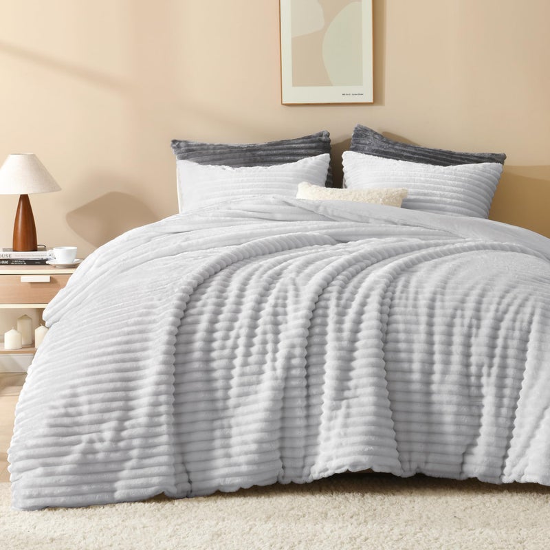 Andency King Size Comforter Set Light Grey Soft Fluffy Comforter Set King Size Winter Warm Fleece Faux Fur Bedding Set Luxury Plush Fuzzy Bed Set 3 Pieces 1 Shaggy Comforter 2 Pillowcases