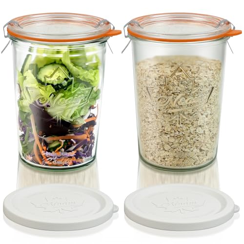 Freshmage Canning Jars 27 oz 2 Pack, Sourdough Starter Jars with 2 Lids Per Jar (Glass Sealing Lid & Plastic Lid), 800ML Wide Mouth Airtight Glass Storage Containers for Pickles, Yogurt, Pasta, Cereal - Image 1