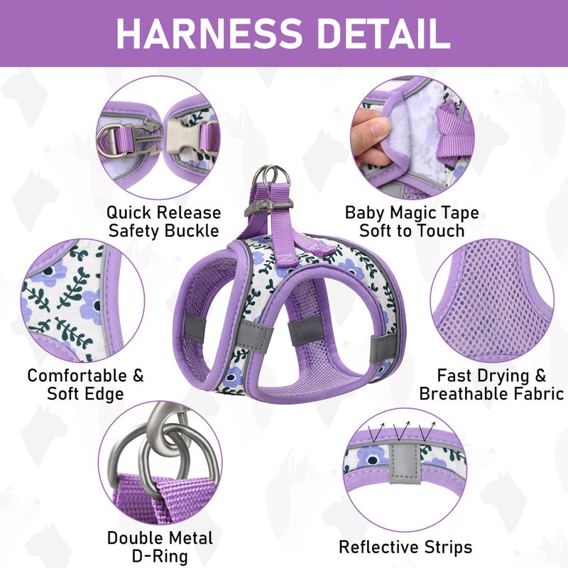 GAMUDA Small Dog Harness Collar and Leash Set, Step in No Chock No Pull Soft Mesh Adjustable Dog Vest Harnesses Plaid Reflective for Dogs Puppy Cats Kitten Rabbit (Purple Flower, XS) - Image 2