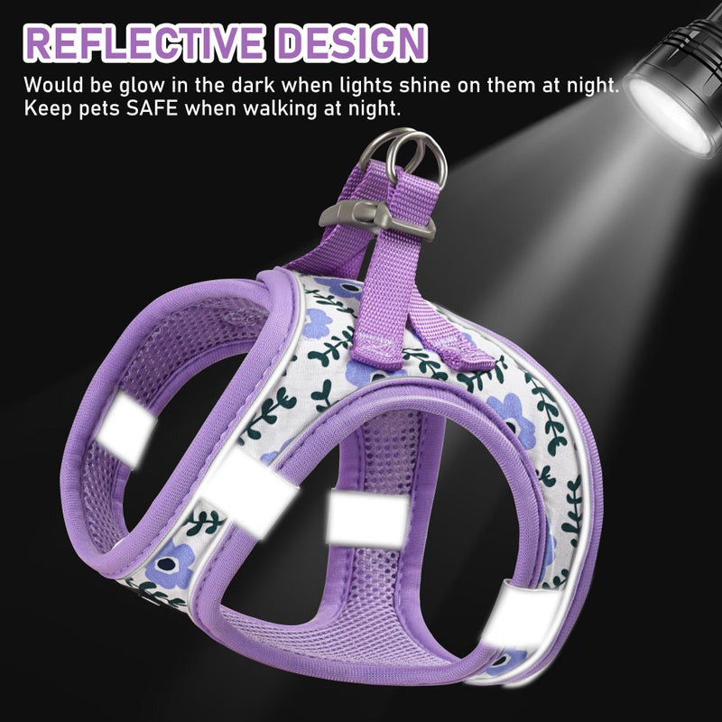 GAMUDA Small Dog Harness Collar and Leash Set, Step in No Chock No Pull Soft Mesh Adjustable Dog Vest Harnesses Plaid Reflective for Dogs Puppy Cats Kitten Rabbit (Purple Flower, XS) - Image 3
