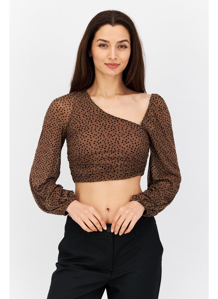 Endless Blu Women Asymmetrical Neck Long Sleeves Micro Dots Blouse, Brown  - Image 1