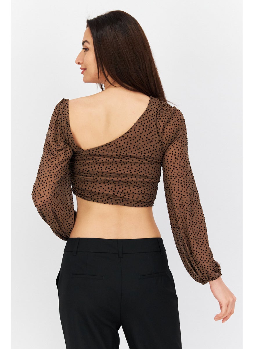 Endless Blu Women Asymmetrical Neck Long Sleeves Micro Dots Blouse, Brown  - Image 3