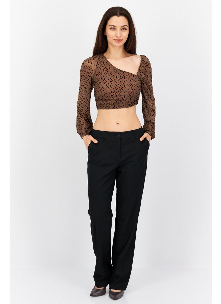 Endless Blu Women Asymmetrical Neck Long Sleeves Micro Dots Blouse, Brown  - Image 4