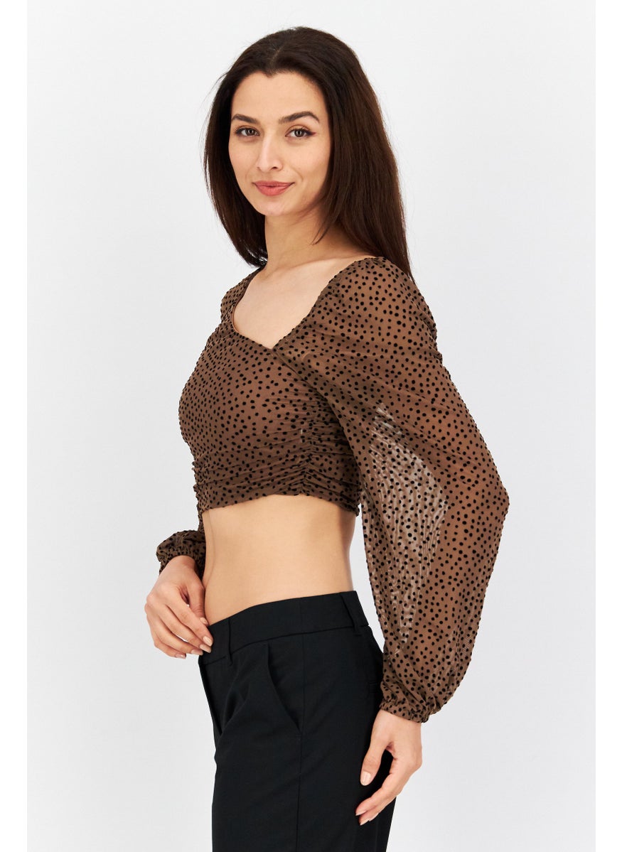 Endless Blu Women Asymmetrical Neck Long Sleeves Micro Dots Blouse, Brown  - Image 2