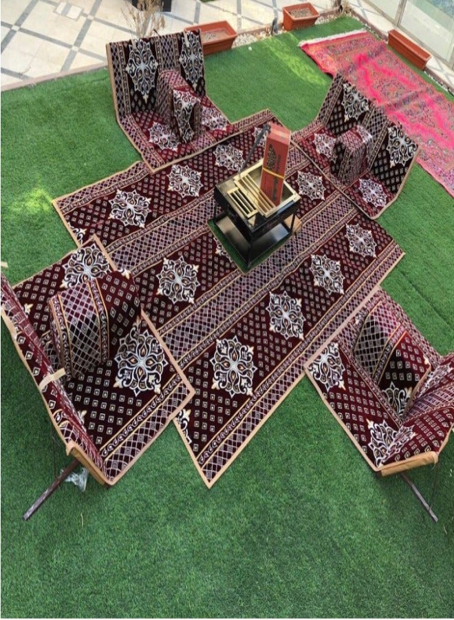 كادي ون مجموعة جلوس أرضية تراثية مكونة من 9 قطع مناسبة للسفر والرحلات البرية والحديقة , طقم فرشة تخييم ارضية مع اربع مراكي و 4 كراسي بمقاس 120سم وبساط من القماش عالي الجودة مقاس 2*2 متر يكفي ل 8 أشخاص - Image 4