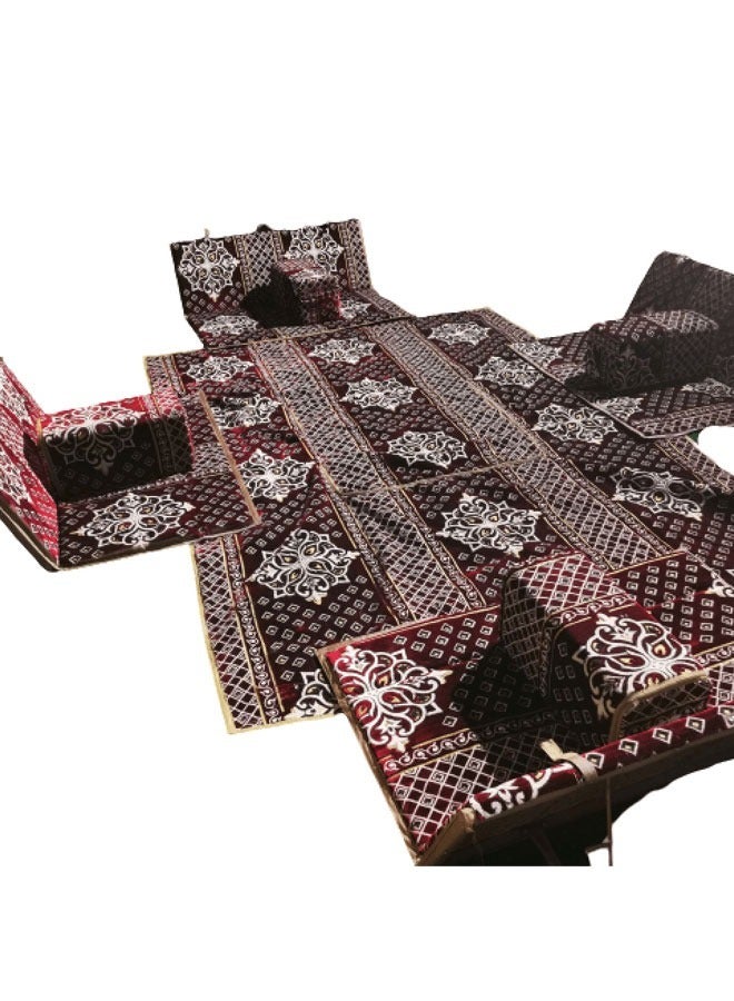 كادي ون مجموعة جلوس أرضية تراثية مكونة من 9 قطع مناسبة للسفر والرحلات البرية والحديقة , طقم فرشة تخييم ارضية مع اربع مراكي و 4 كراسي بمقاس 120سم وبساط من القماش عالي الجودة مقاس 2*2 متر يكفي ل 8 أشخاص - Image 2