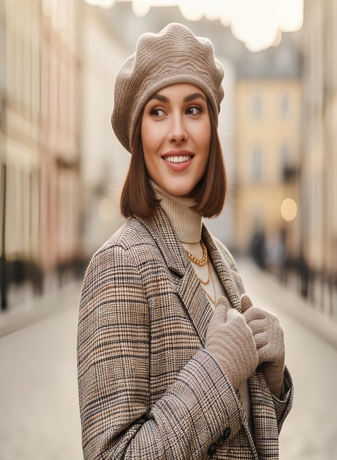 فينيلي قبعة بيريه فرنسية نسائية، قفازات، قبعة شتوية محبوكة من الصوف الدافئ، قبعة باريه باريسية باسكيّة فضفاضة، قبعة فنانة، لون كاكي كلاسيكي سادة، Boinas de Mujer، هدايا للسيدات - Image 2