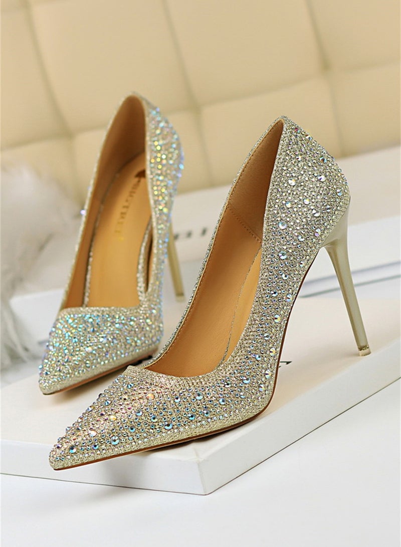 بيج تري أزياء السيدات أحذية عالية الكعب مع غرامة الماس 10cm ذهب - Image 1