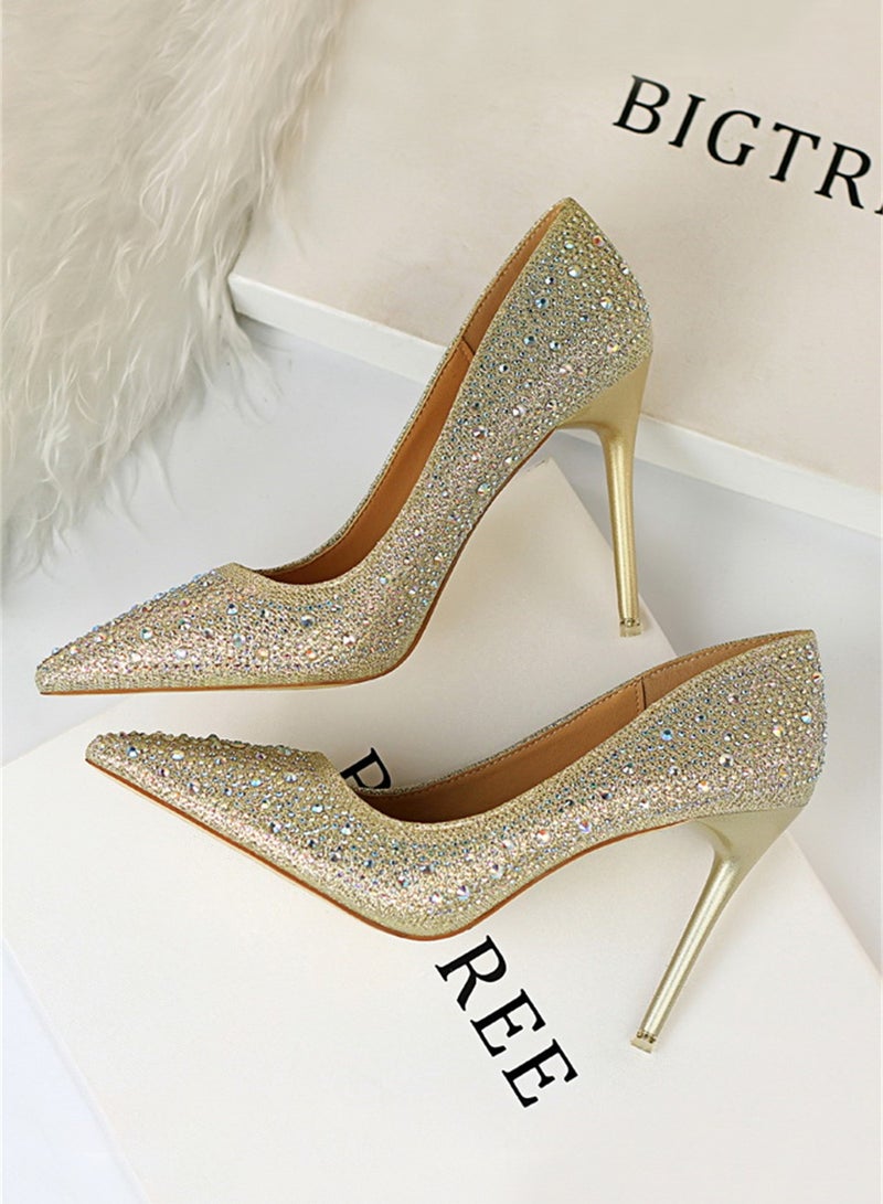 بيج تري أزياء السيدات أحذية عالية الكعب مع غرامة الماس 10cm ذهب - Image 2
