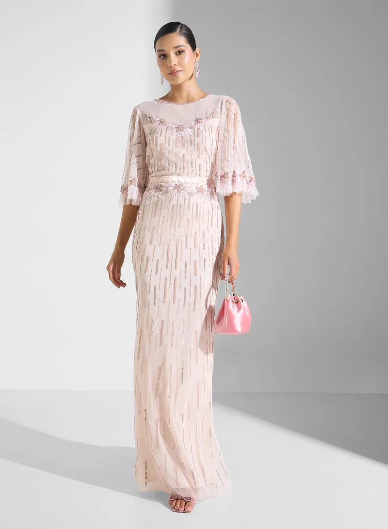 Namshi x Sequin Embellished Dress With Cape Sleeve