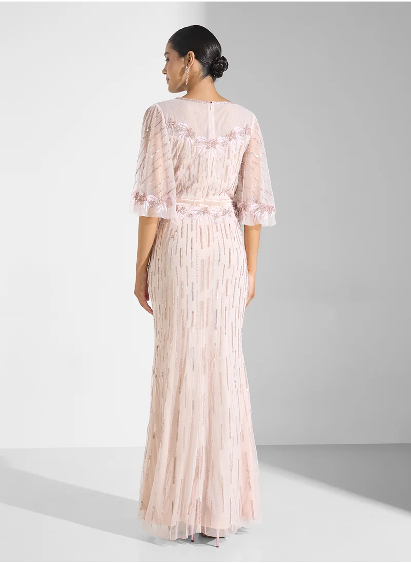 Namshi x Sequin Embellished Dress With Cape Sleeve