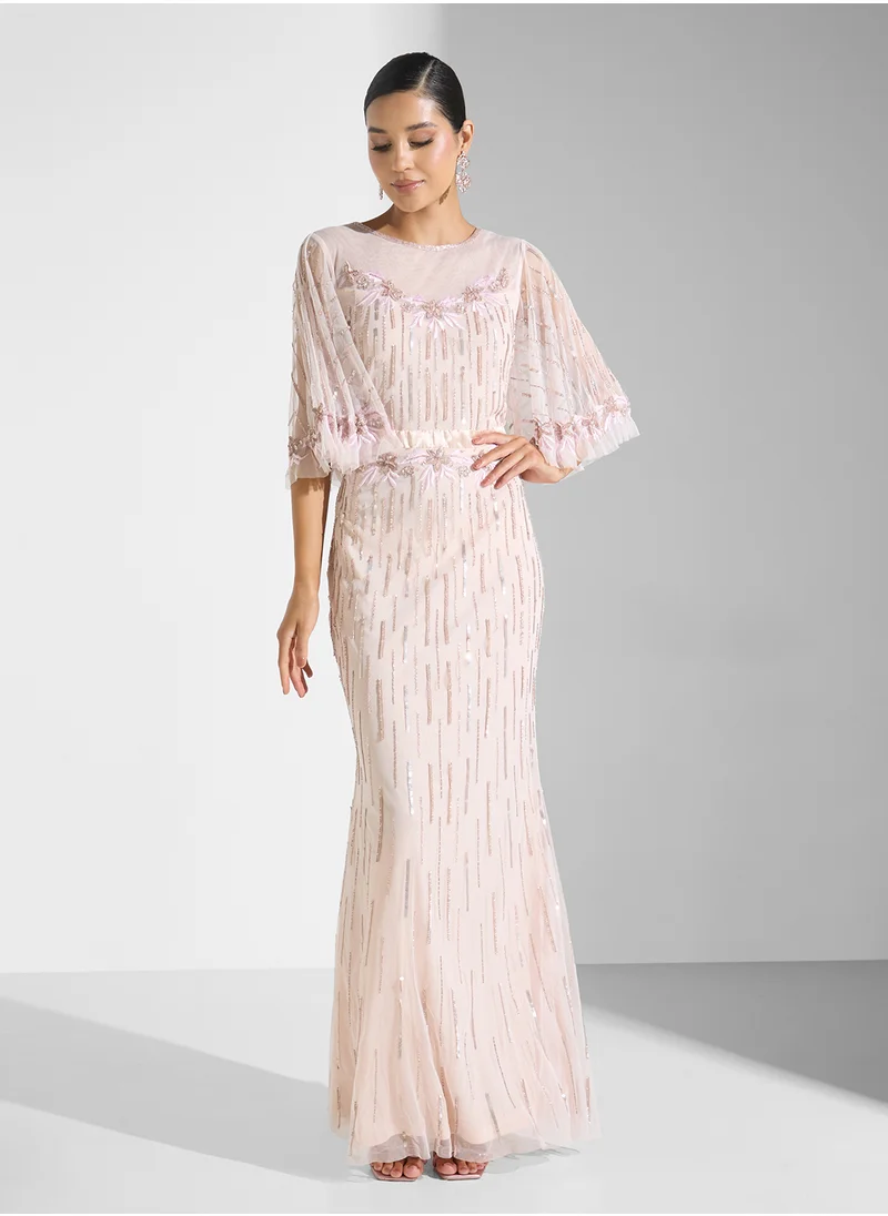Namshi x Sequin Embellished Dress With Cape Sleeve
