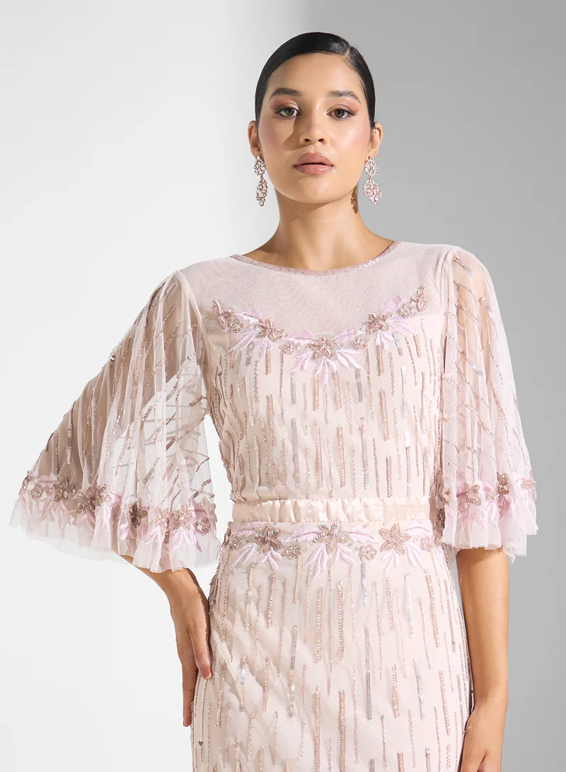 Namshi x Sequin Embellished Dress With Cape Sleeve