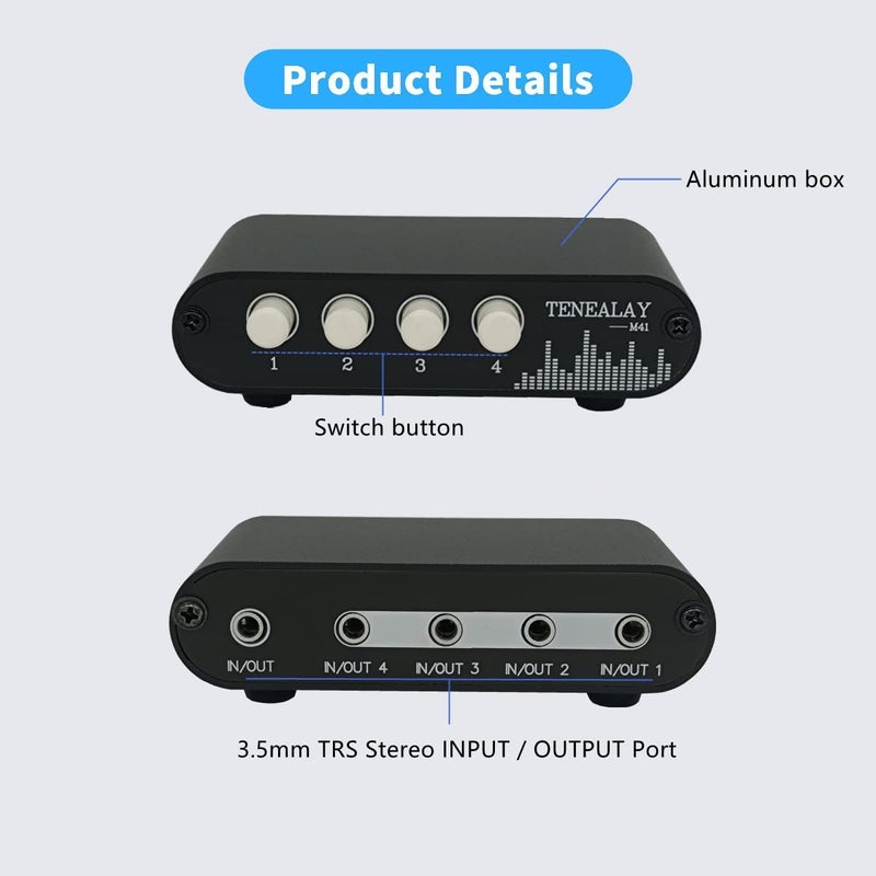 TENEALAY 4 in 1 Out / 1 in 4 Out AUX 3.5mm Stereo Audio Input Signal Source Switcher, 4-Way Switch Selector Splitter Box M41 - Image 4