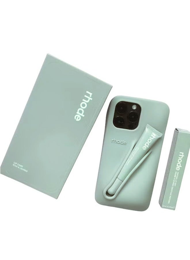 rhode Peptide Lip Color Silicone Phone Case, Phone Back Adhesive Lip Holder, Liquid Silicone Camera Protection Case and Lip Balm Design, Suitable for IPhone 15 Pro - Gray + Rhode Vanilla  - Image 1