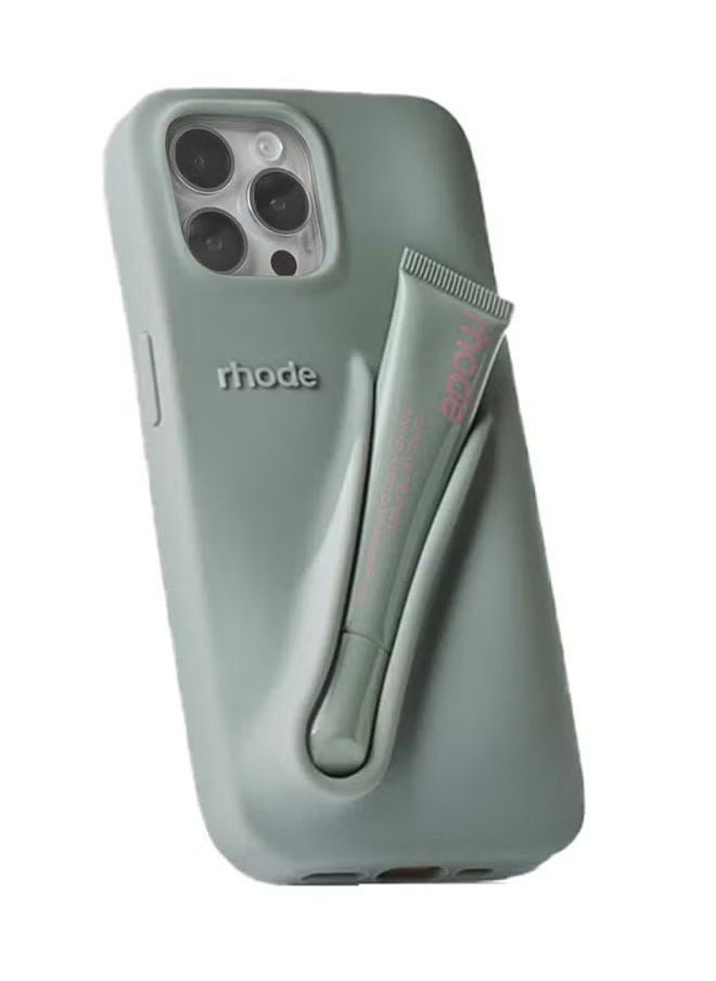 rhode Peptide Lip Color Silicone Phone Case, Phone Back Adhesive Lip Holder, Liquid Silicone Camera Protection Case and Lip Balm Design, Suitable for IPhone 15 Pro - Gray + Rhode Vanilla  - Image 4