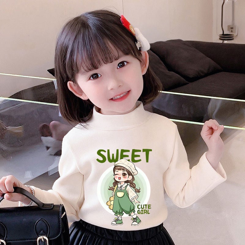 Y2528# Children Girls Velvet Long Sleeve T-Shirt New Trend Cute Cartoon Printed Round Neck Velvet Girls - Image 1