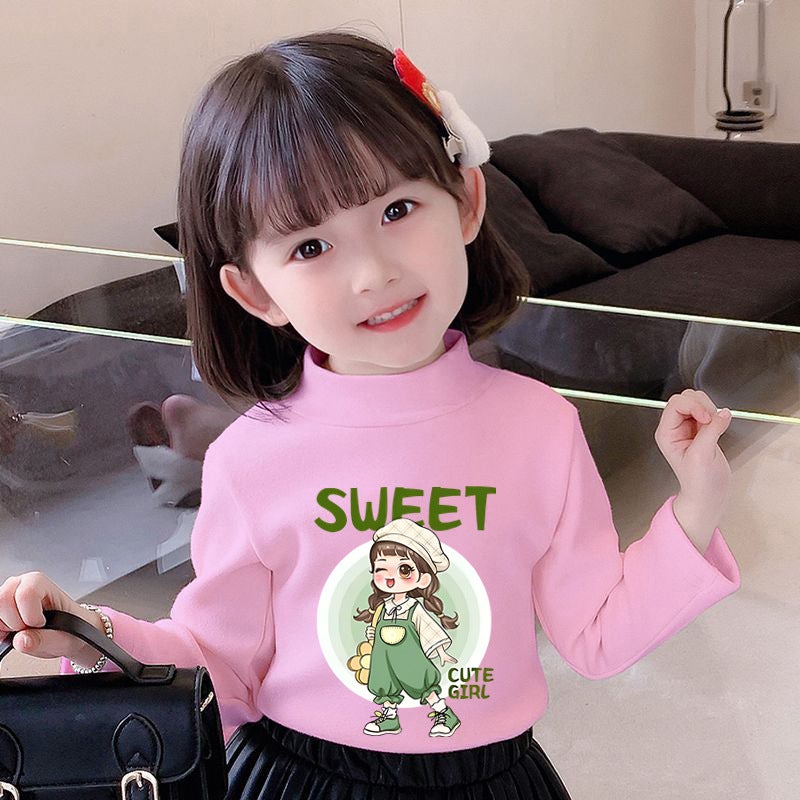 Y2528# Children Girls Velvet Long Sleeve T-Shirt New Trend Cute Cartoon Printed Round Neck Velvet Girls - Image 4