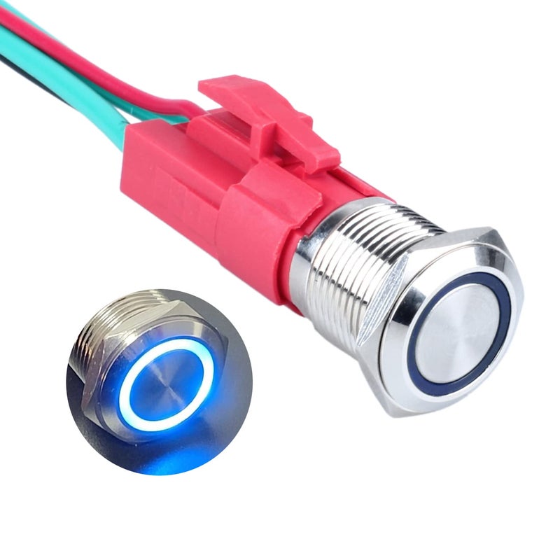 DMWD 16mm Heavy Duty Latching Metal Push Button Switch Waterproof Large Current 20Amp 12V-24V ON-OFF 1NO 4 Pins with Pre-wired Harness (Halo Ring Blue LED) - Image 1