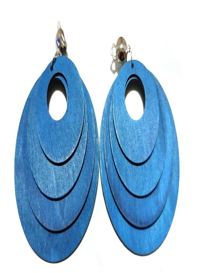Clip-on Earrings Bohemian Wood Earrings Circle Hoops Dangle Assorted Colors 3 inch Large (Blue)