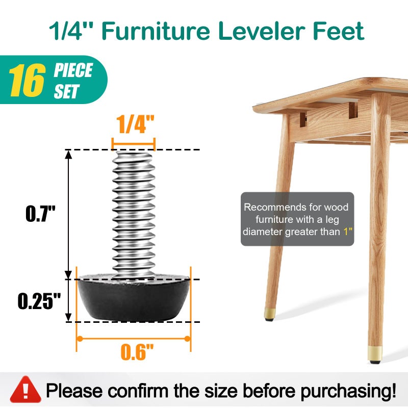 WAFJAMF 1/4-20â€˜â€˜UNC Thread Adjustable Furniture Levelers Table Feet Screw in Threaded, Screw on Chair Foot Glides Leveling for Tables, Chairs, Furniture Legs-16 Pcs (1/4-20UNC-16PCS) - Image 2