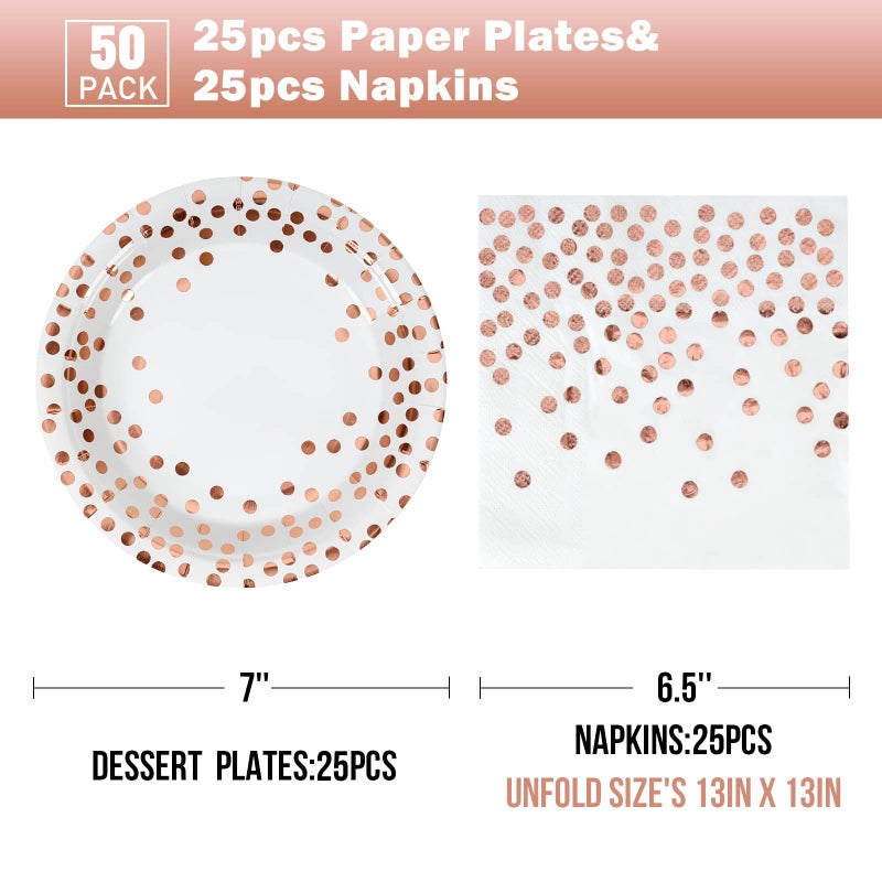 CENLBJ White and Rose Gold Paper Plates and Napkins-50 Pack-25 * 7inch Paper Plates & 25 * 6.5inch Napkins Party Supplies for Birthdays Receptions and All Occasions - Image 1