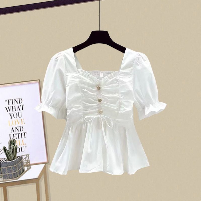 Plus Size Summer 2024 French Chic Blouse and Mermaid Skirt Set White Skirt - Image 2