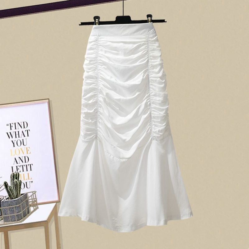 Plus Size Summer 2024 French Chic Blouse and Mermaid Skirt Set White Skirt - Image 1