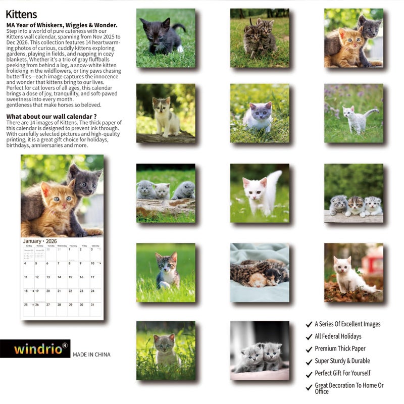 windrio 2026 Wall Calendar,Calendar 2026, November 2025 - December 2026, Wall Calendar Kittens, 12" x 24" Opened,Full Page Months Thick & Sturdy Paper for Gift Perfect Calendar Organizing & Planning - Image 2