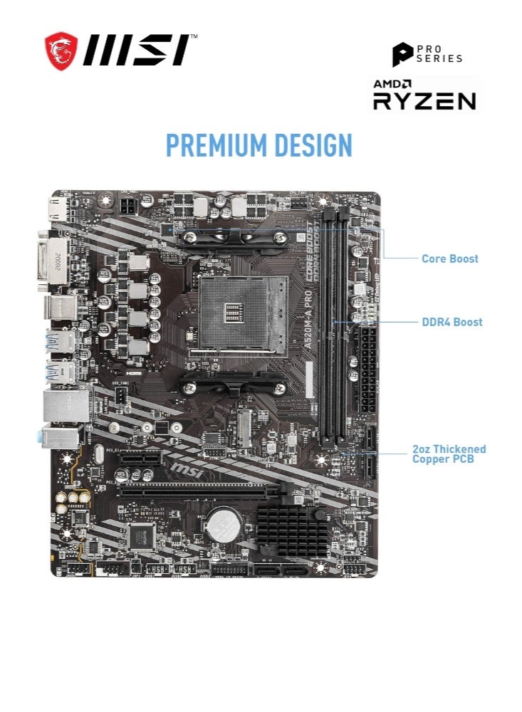 MSI A520M-A PRO | Gaming Motherboard | AMD Ryzen 5000/ 4000/ 3000 Series | AM4, DDR4, PCIe 3.0, SATA 6Gb/s, M.2, USB 3.2 Gen 1, DVI/HDMI, Micro-ATX |911-7C96-044 - Image 2