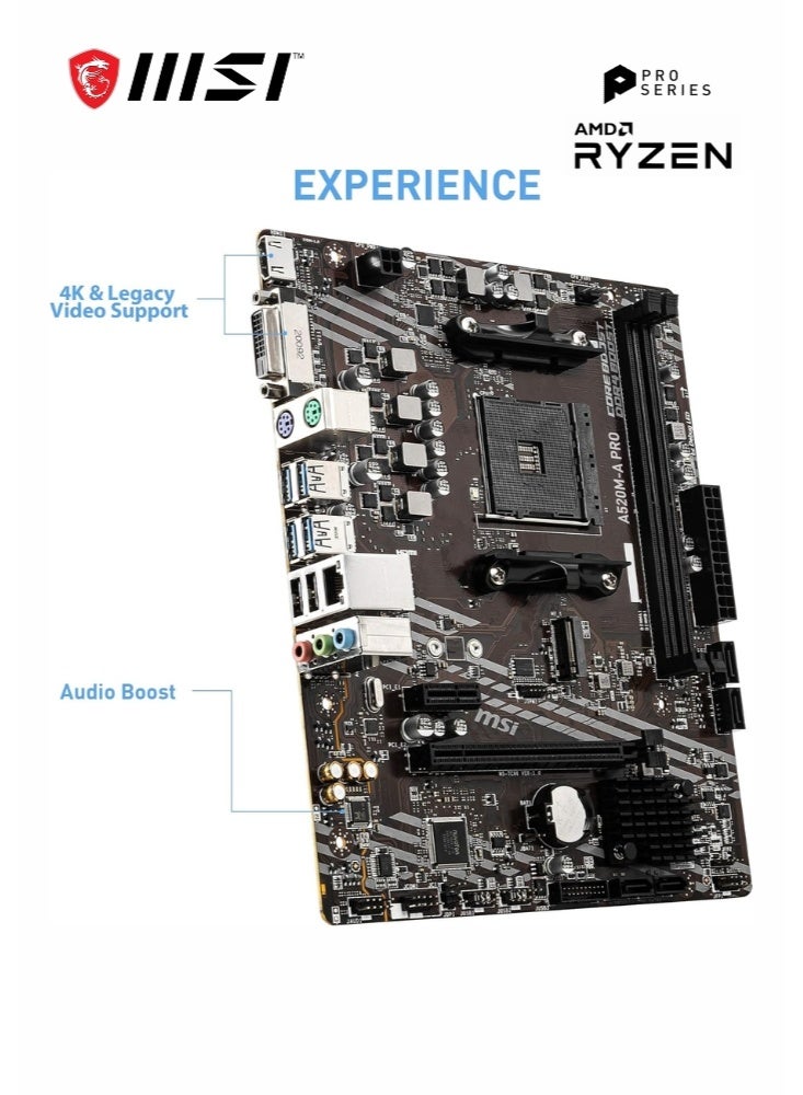MSI A520M-A PRO | Gaming Motherboard | AMD Ryzen 5000/ 4000/ 3000 Series | AM4, DDR4, PCIe 3.0, SATA 6Gb/s, M.2, USB 3.2 Gen 1, DVI/HDMI, Micro-ATX |911-7C96-044 - Image 4