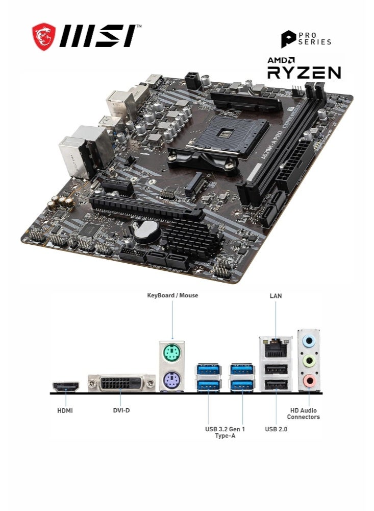 MSI A520M-A PRO | Gaming Motherboard | AMD Ryzen 5000/ 4000/ 3000 Series | AM4, DDR4, PCIe 3.0, SATA 6Gb/s, M.2, USB 3.2 Gen 1, DVI/HDMI, Micro-ATX |911-7C96-044 - Image 5