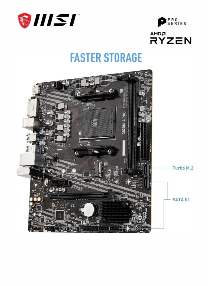 MSI A520M-A PRO | Gaming Motherboard | AMD Ryzen 5000/ 4000/ 3000 Series | AM4, DDR4, PCIe 3.0, SATA 6Gb/s, M.2, USB 3.2 Gen 1, DVI/HDMI, Micro-ATX |911-7C96-044 - Image 3