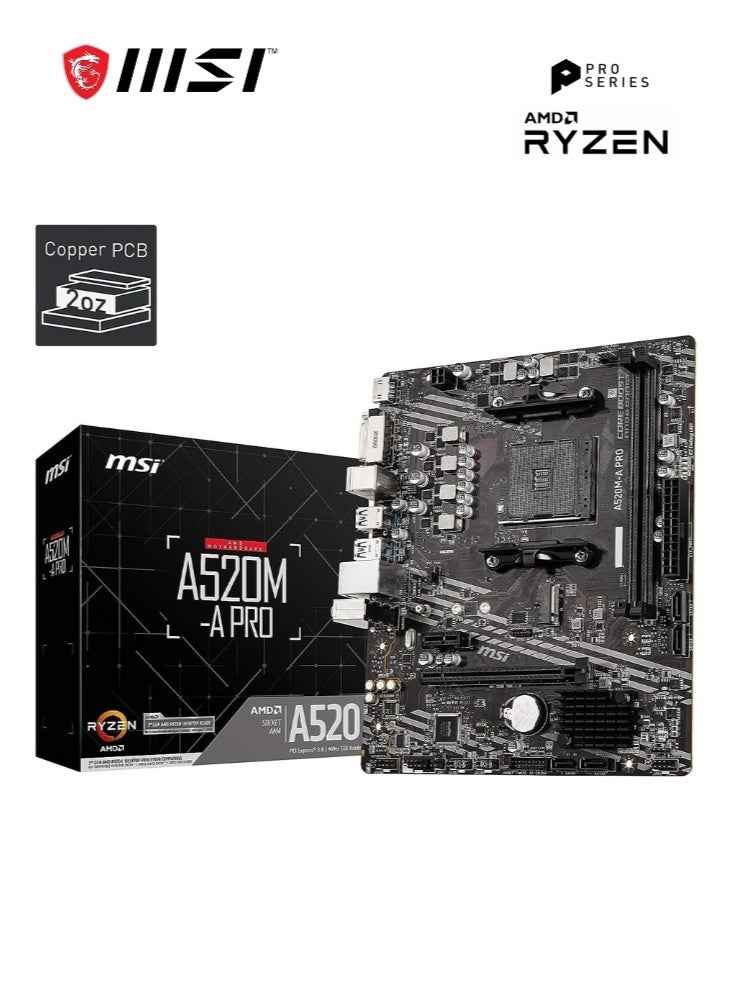 MSI A520M-A PRO | Gaming Motherboard | AMD Ryzen 5000/ 4000/ 3000 Series | AM4, DDR4, PCIe 3.0, SATA 6Gb/s, M.2, USB 3.2 Gen 1, DVI/HDMI, Micro-ATX |911-7C96-044 - Image 1