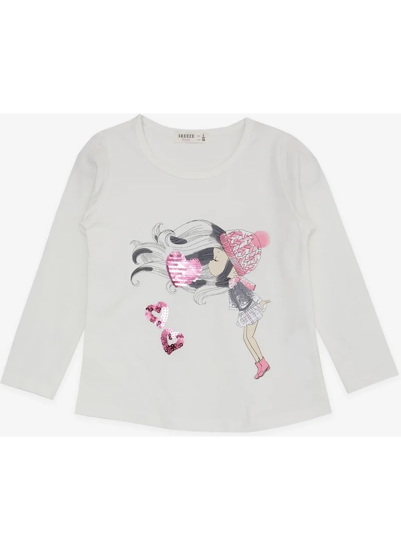 بريز Girl's Long Sleeve T-Shirt Sequined Heart Printed 2-6 Years, Ecru