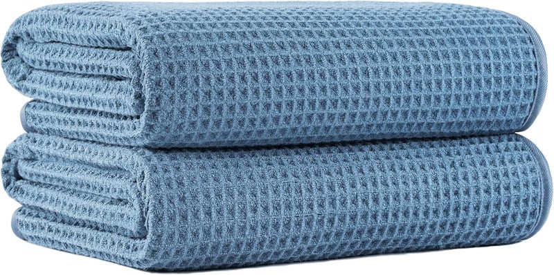 MICROFI New Microfiber Waffle Bath Towels, 2 Pieces, Oversized, Soft, Absorbent, Fast Drying, Lint Free (Blue) - Image 1
