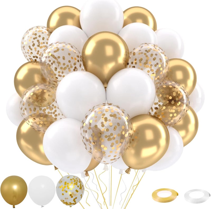 FengRise White and Gold Balloons Set - 50 pcs 12 inch Metallic Gold, White, and Gold Confetti Latex Balloons Kit for Celebrations - Image 1
