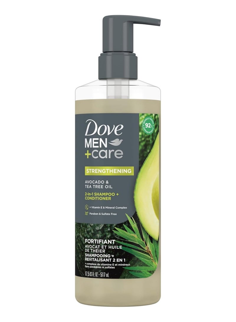 Dove Men+Care 2-in-1 Shampoo + Conditioner Avocado & Tea Tree Oil for Strengthening Hair, with Vitamin E & Mineral Complex, 17.5 oz