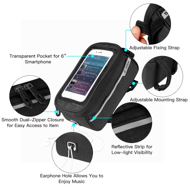 B-SOUL Bike Top Tube Bag: Grey Tear-Resistant Oxford Fabric - Touchscreen-Compatible Pocket Fits 6.0-Inch Phones Top Tube Phone Bag for Road and Mtb Riding Essentials - Image 3