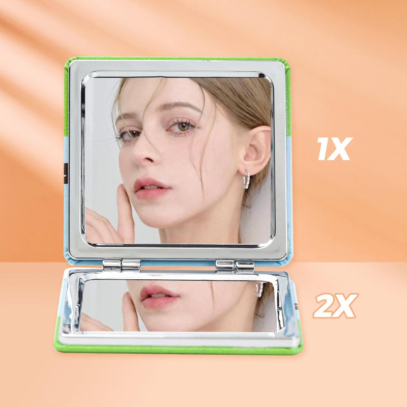 SOLARAE Compact Mirror 2 Pack for Daily Touch Ups, Portable Pocket Makeup Mirror with 1X/2X Magnifying Sides, Mini Cartoon Kawaii PU Leather Travel Mirror for Bag Purse Pocket - Image 2