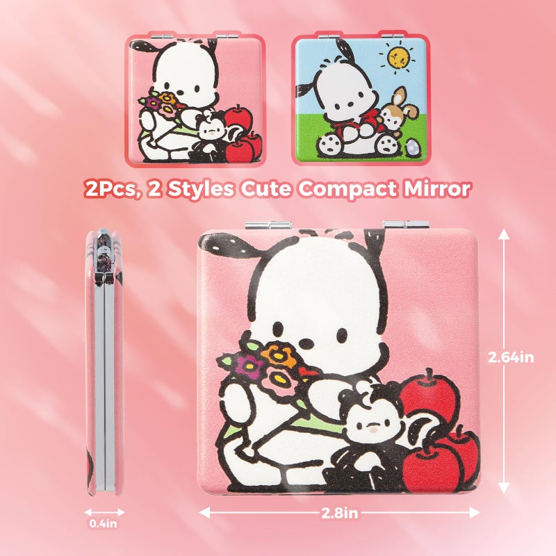 SOLARAE Compact Mirror 2 Pack for Daily Touch Ups, Portable Pocket Makeup Mirror with 1X/2X Magnifying Sides, Mini Cartoon Kawaii PU Leather Travel Mirror for Bag Purse Pocket - Image 3