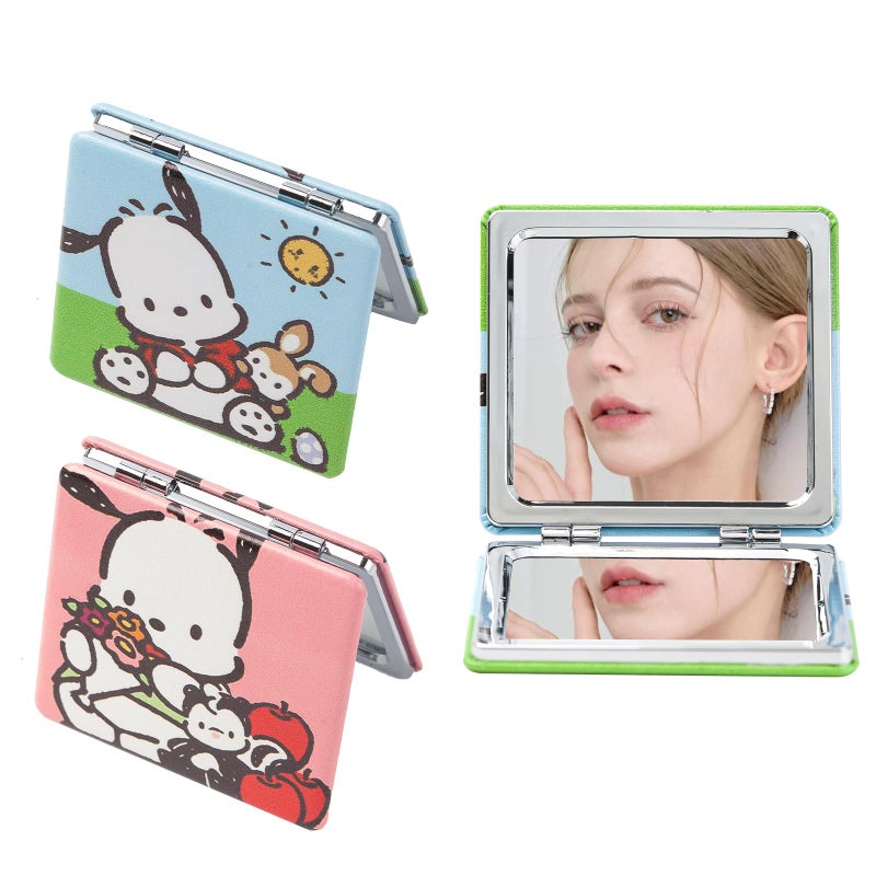 SOLARAE Compact Mirror 2 Pack for Daily Touch Ups, Portable Pocket Makeup Mirror with 1X/2X Magnifying Sides, Mini Cartoon Kawaii PU Leather Travel Mirror for Bag Purse Pocket - Image 1