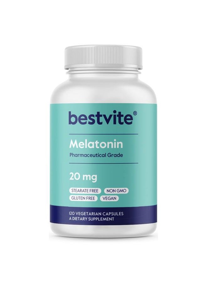 BESTVITE Melatonin 20 mg - 120 Veg Caps - No Stearates - No Sucralose, No Dextrose, No Silicon Dioxide, No Mannitol - Vegan - Non-GMO - Gluten-Free  - Image 1