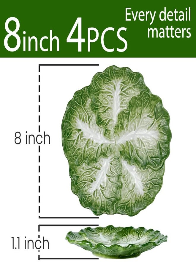 KXZ 4-piece Green Ceramic Cabbage Plates, 8-inch. For desserts, dinner, etc. Microwave & dishwasher safe. Ideal for kitchen tableware, decoration & dining. - Image 2