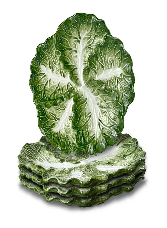 KXZ 4-piece Green Ceramic Cabbage Plates, 8-inch. For desserts, dinner, etc. Microwave & dishwasher safe. Ideal for kitchen tableware, decoration & dining. - Image 1