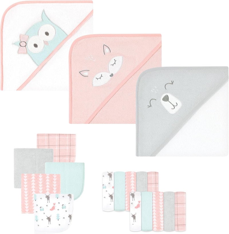Hudson Baby Unisex Baby Animal Hooded Towel 3pk and 15 Washcloths Girl Woodland One Size - Image 1